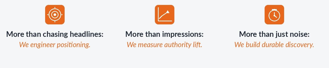 More than chasing headlines: we engineer positioning. More than impressions: we measure authority lift. More than just noise: we build durable discovery.