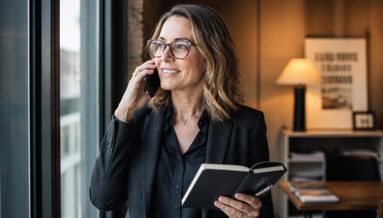 A communications professional smiling while pitching a story to an assignment editor by phone.