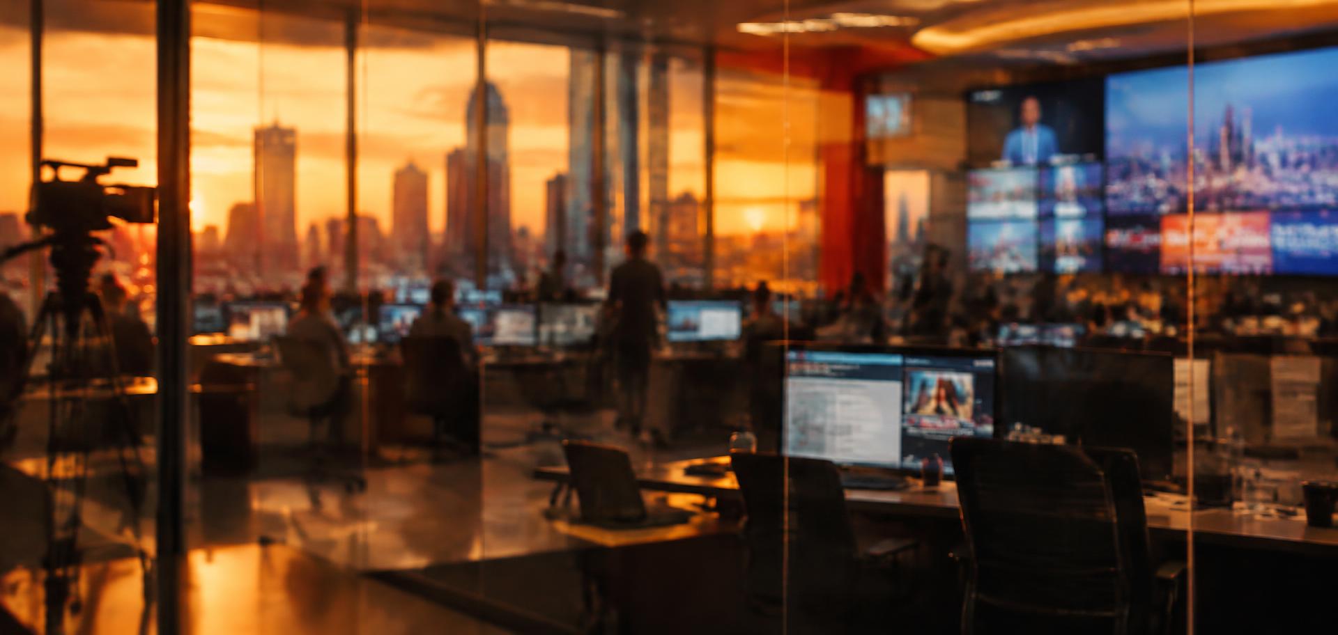 A newsroom at dusk