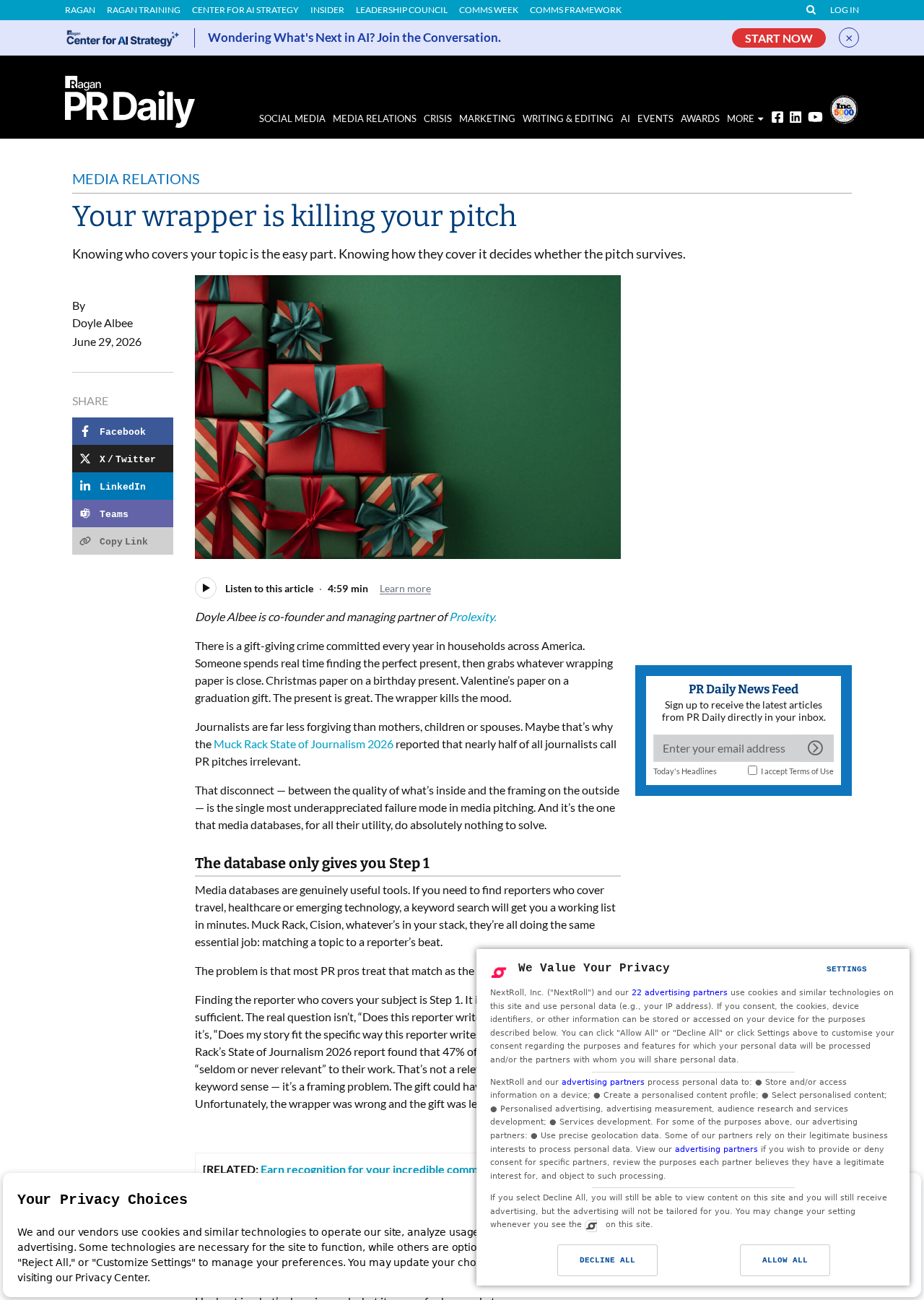Screenshot of the PR Daily article 'Your wrapper is killing your pitch' by Doyle Albee.